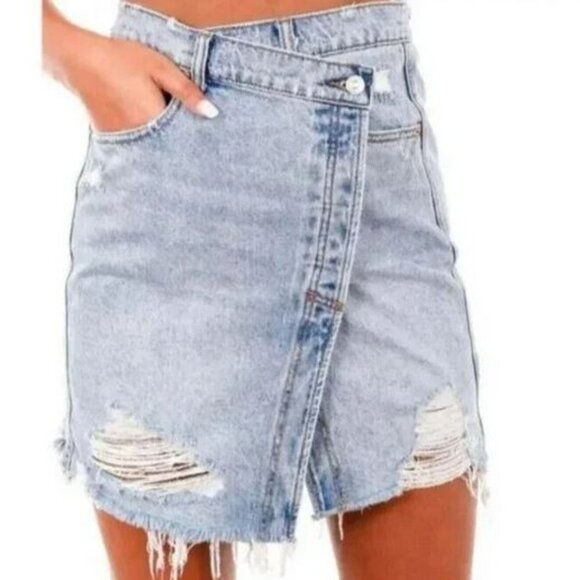 Free People Parker Wrap Distressed Denim Skirt - Picture 4 of 6